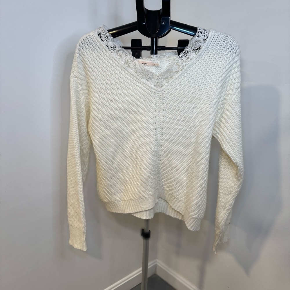 Women's white Sweater with lace detailing bridal era bride top off the shoulder